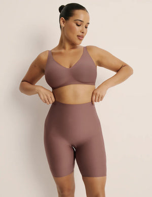 Front view of model wearing the Customizable Shaper High Rise Shorts, highlighting the coverage and smooth fit