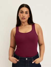 Front view of model wearing the SculptRib™ Cotton Tank highlighting the neckline, fabric and hugging fit