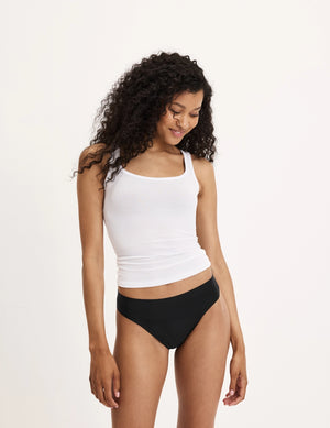 Front view of model wearing the Teen Leakproof UltraThin No-Show Thong highlighting the coverage and smooth fit