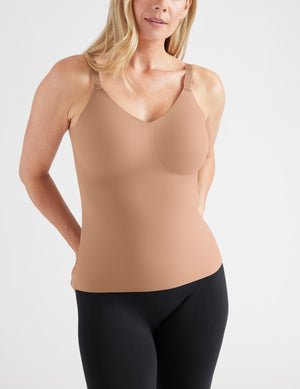 Front view of model wearing the LuxeLift V-Neck Tank, highlighting the neckline, strap design, and silhouette