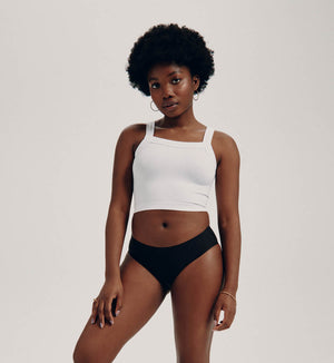 Front view of model wearing the Teen Light Leakproof No-Show Bikini highlighting the coverage and smooth fit