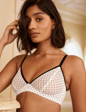 Front view of model wearing the Mesh Deep V Bra, highlighting the neckline, strap design, and smooth silhouette