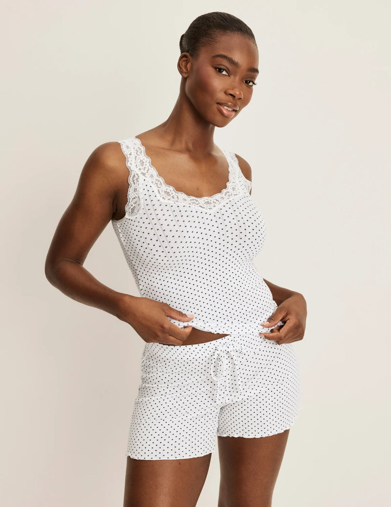 Front view of model wearing the Pointelle Lace Tank highlighting the coverage and fit