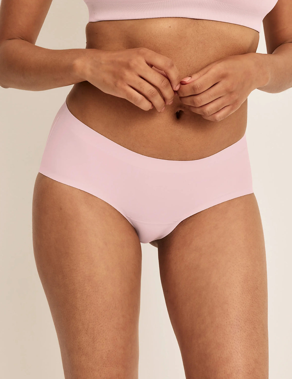 Front view of model wearing the Light Leakproof No-Show Boyshort highlighting the coverage and smooth fit